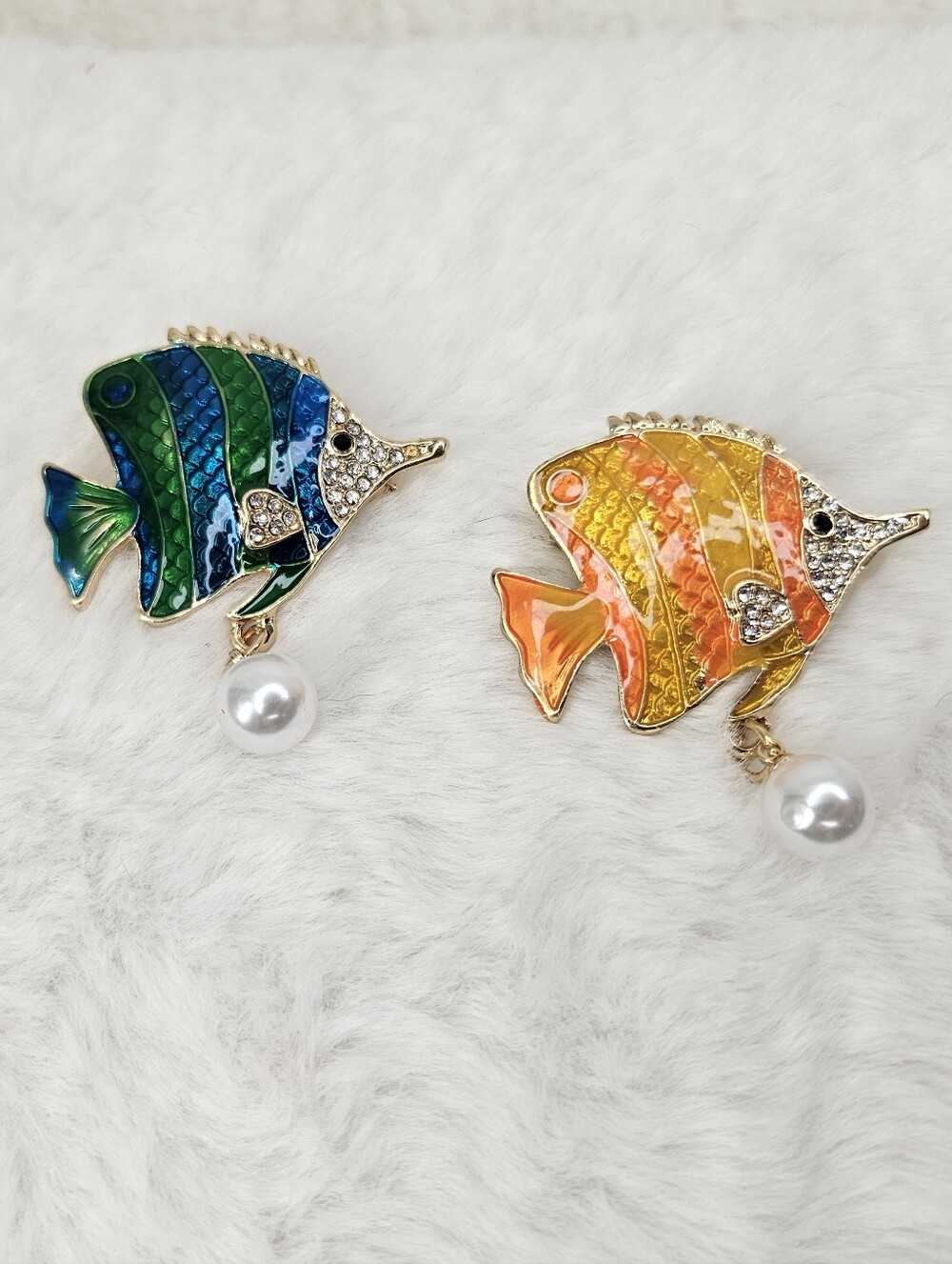 Set Of Fish Brooch Pin with Pearl Accent - Blue & Orange NWOT